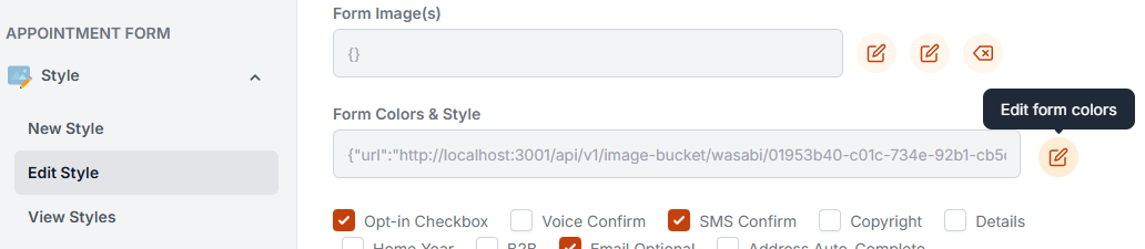 Image showing how to navigate to the Edit Style menu and find the Edit Form Colors icon and popup