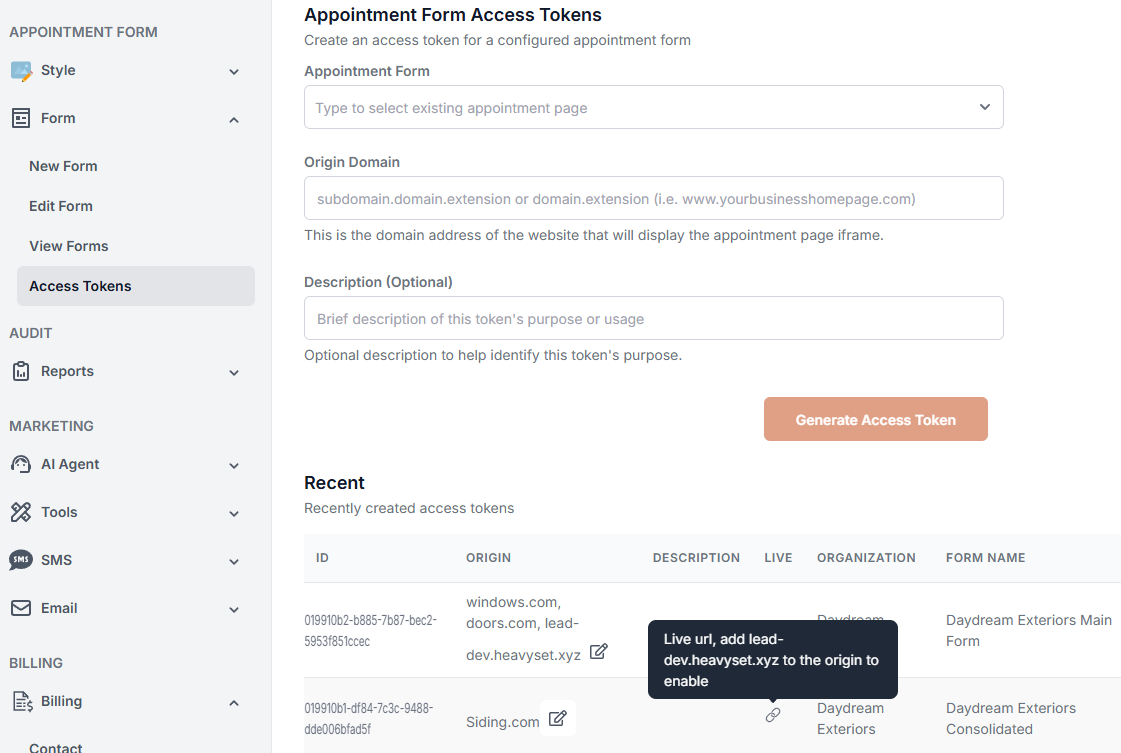 Screenshot: Access Tokens page with the Live URL section highlighted
