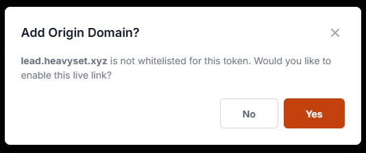 Screenshot: Add Origin Domain popup explaining that the lead URL needs to be whitelisted for this token
