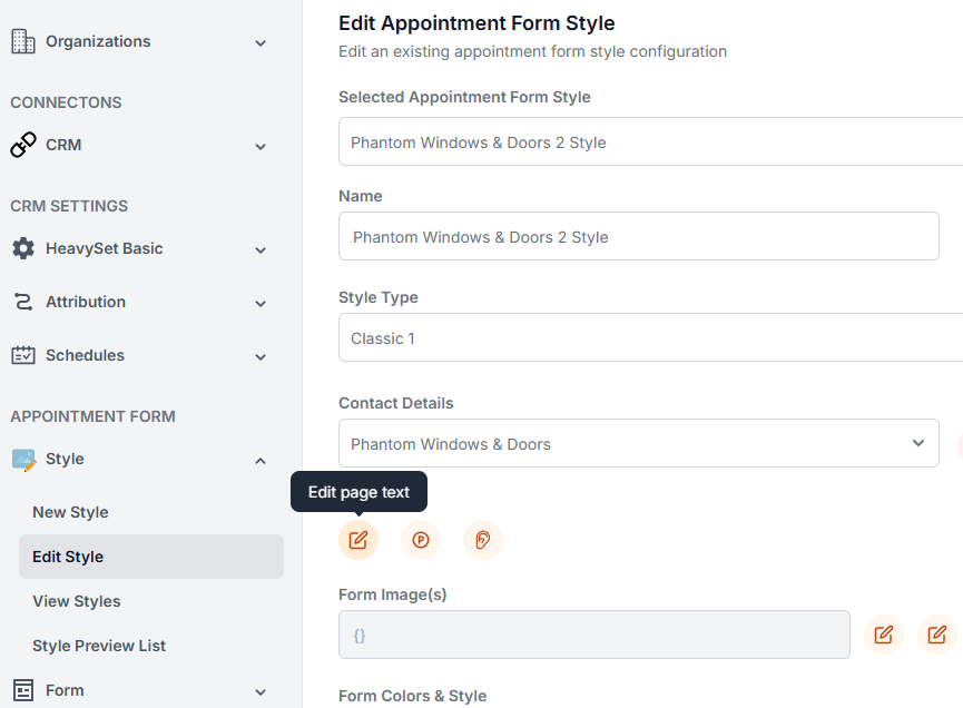 Screenshot: Edit Style page with the Edit Page Text section highlighted