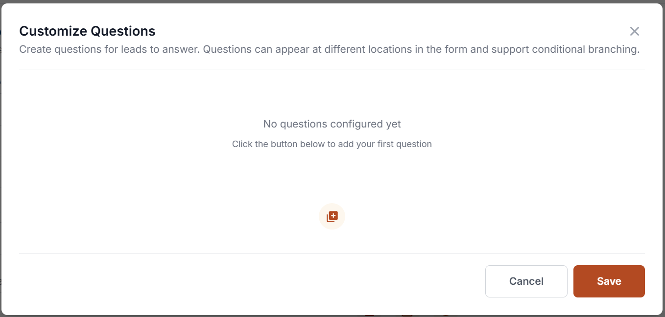 Screenshot: Customize Questions popup with no questions present