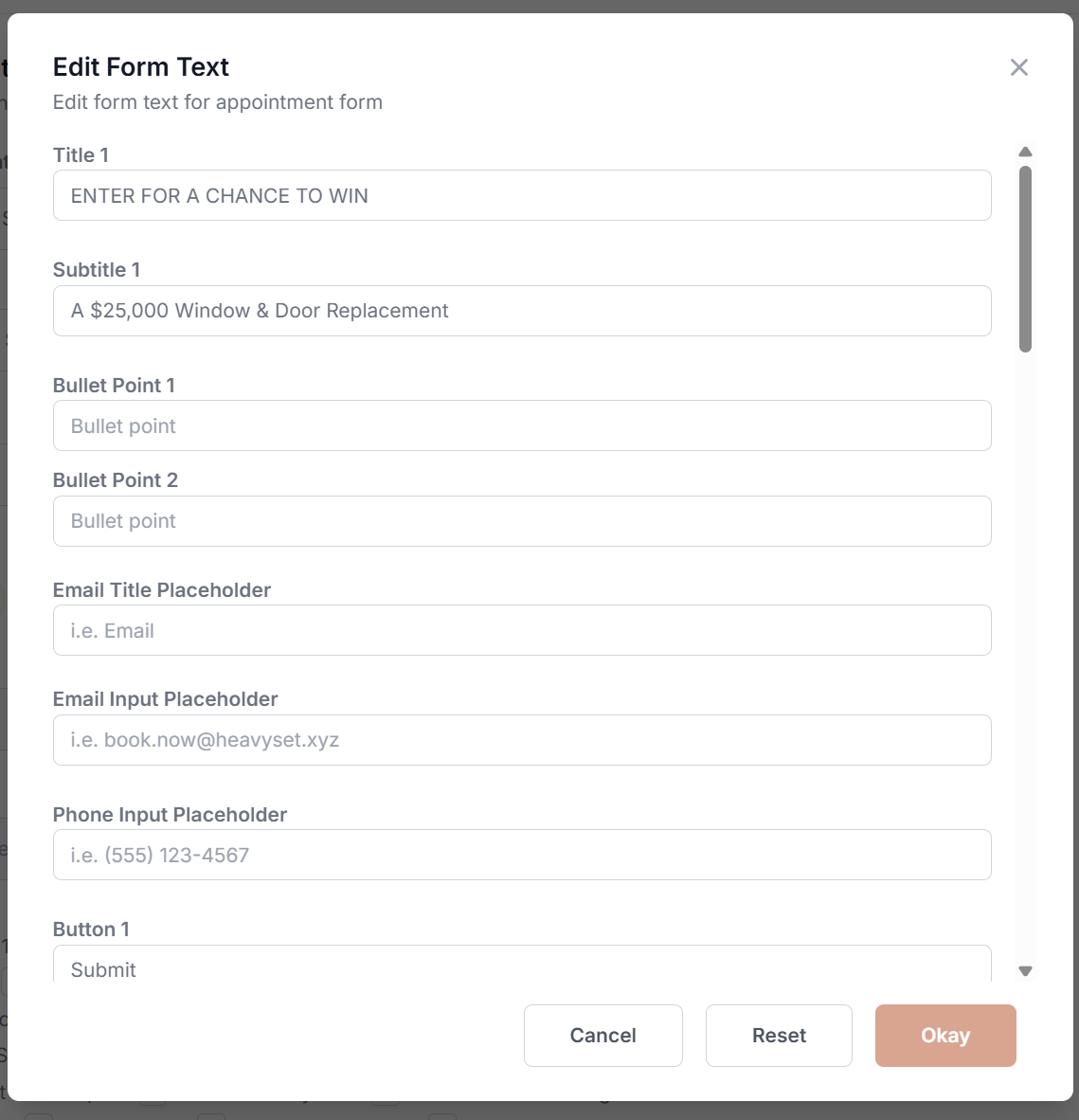 Screenshot: Edit Form Text showing example text for Title 1 and Subtitle 1