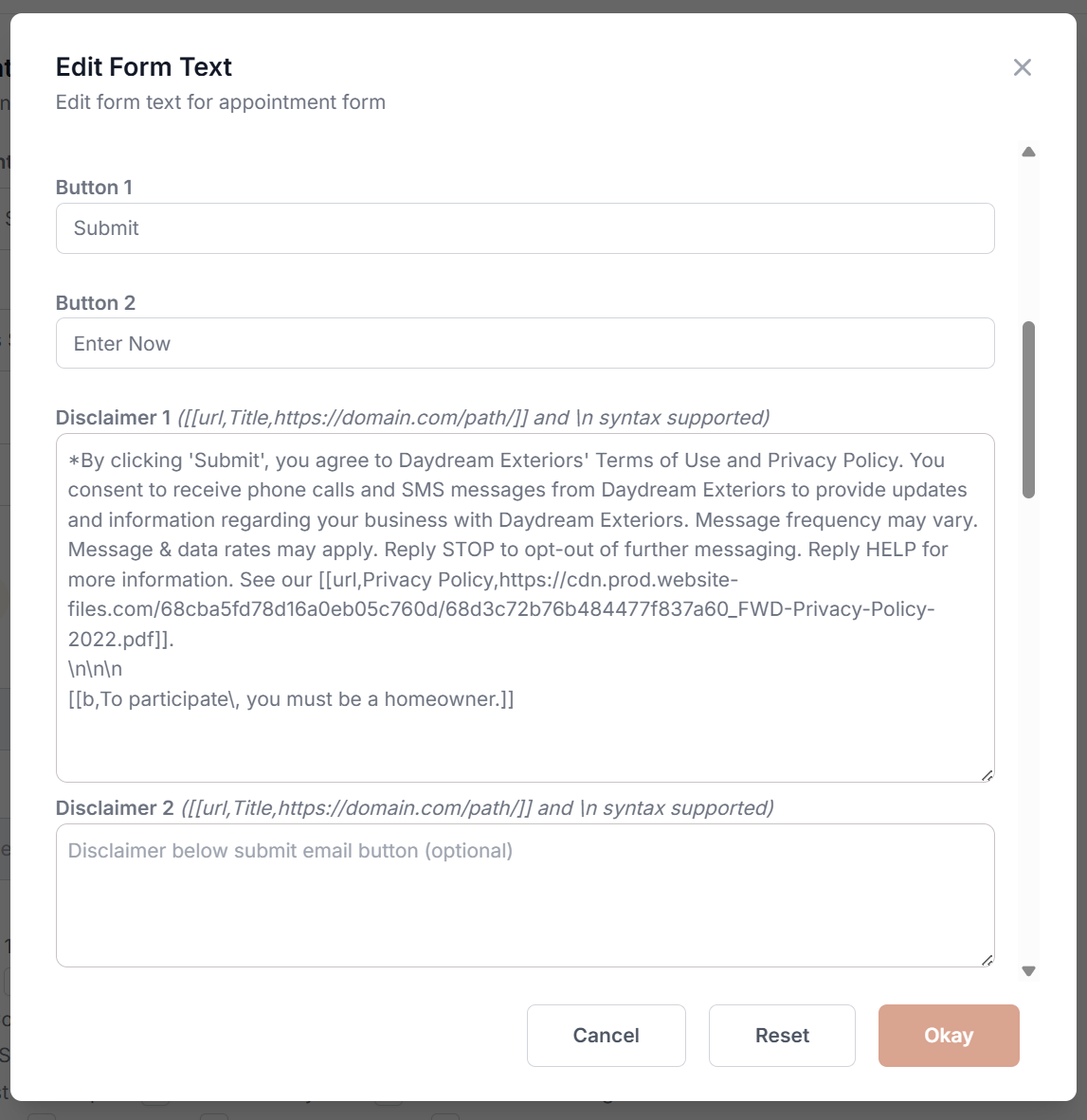 Screenshot: Edit Form Text showing example text for Button 1, Button 2, and Disclaimer 1