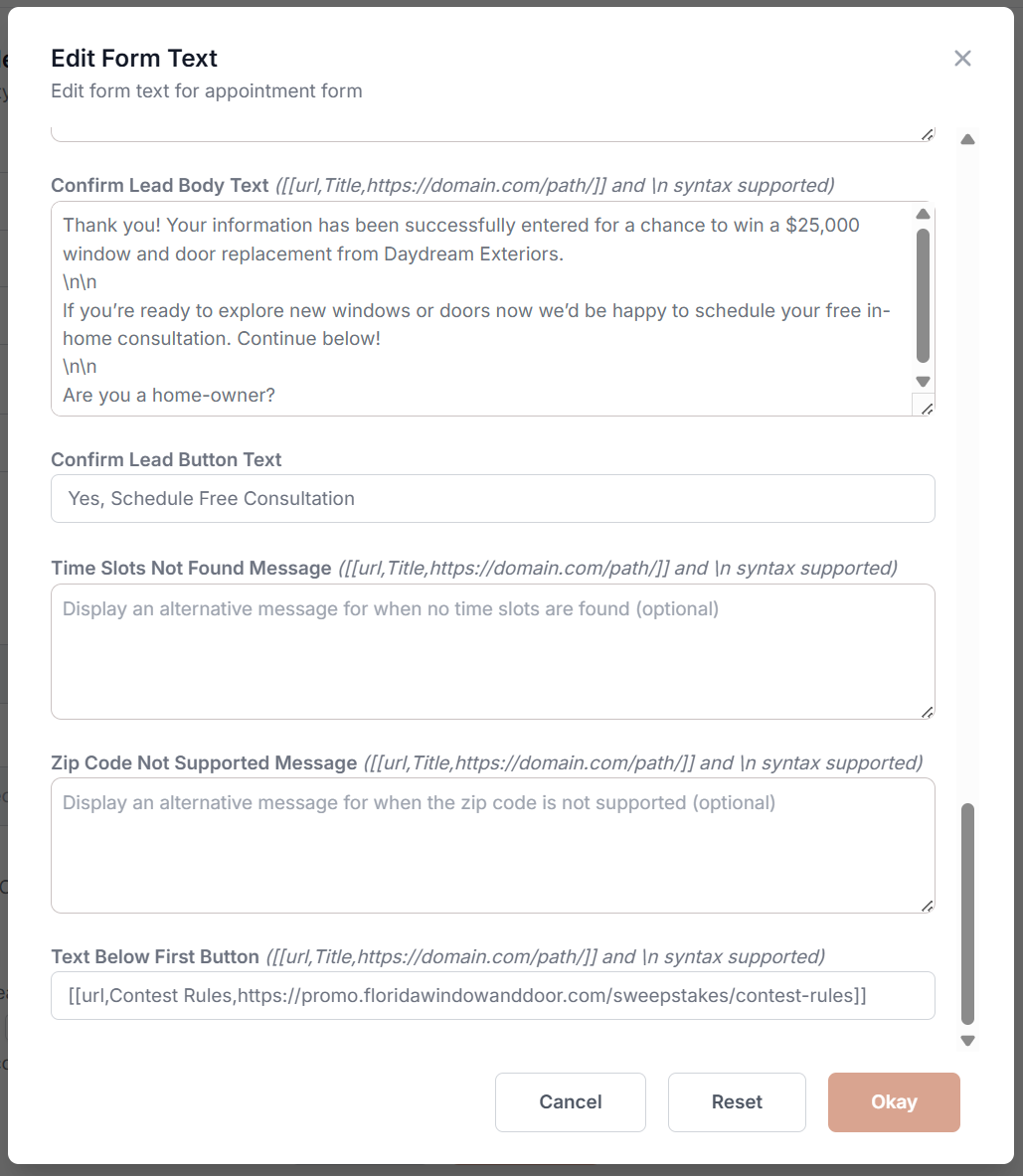 Screenshot: Edit Form Text showing example text for Confirm Lead Body Text, Confirm Lead Body Button, and Text Below First Button