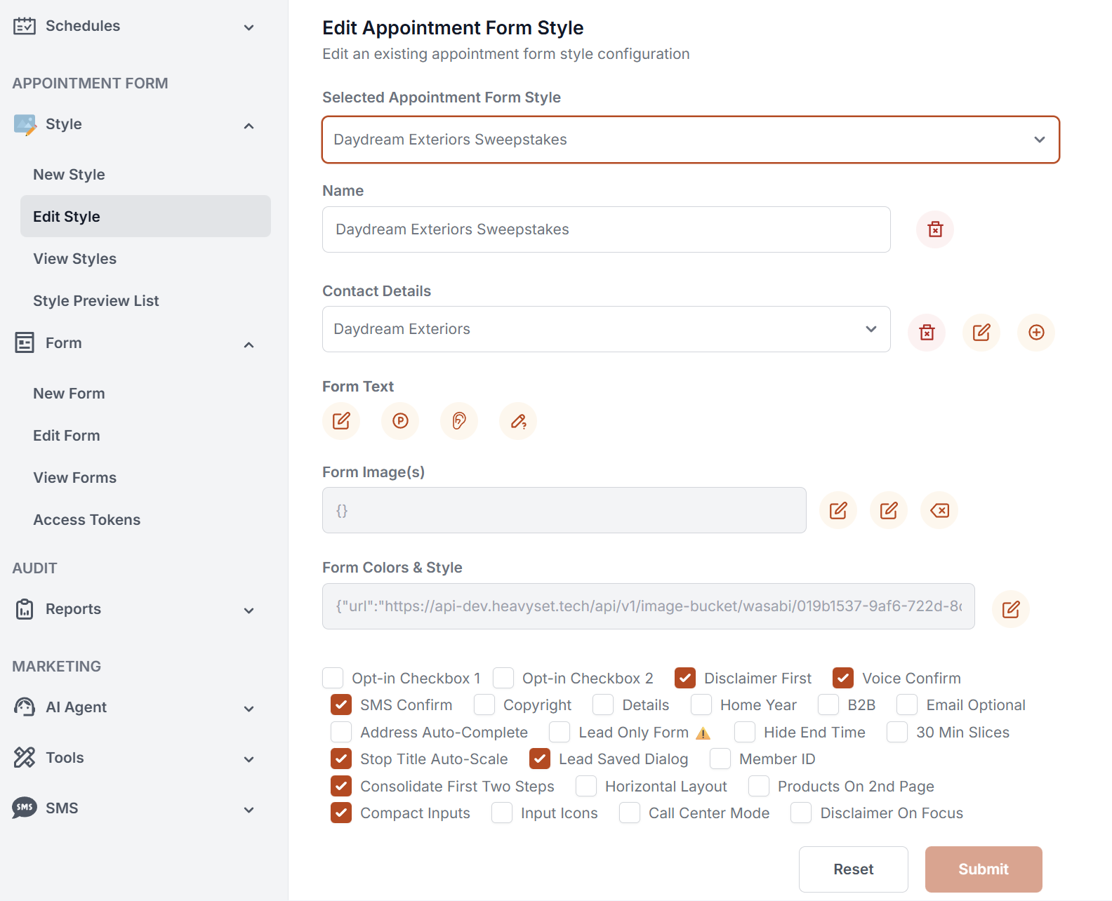 Screenshot: Edit appointment form style page
