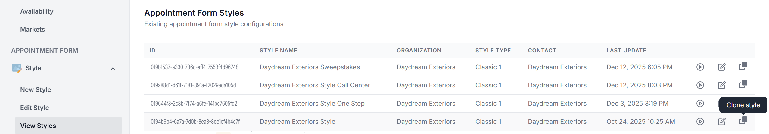 Screenshot: View styles page